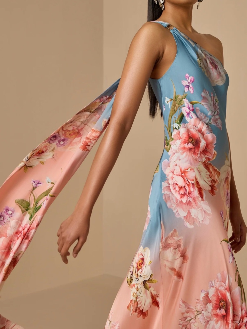 HEMANT & NANDITA One-Shoulder Ombre Floral Gown in Blue and Pink - Picture 3 of 10